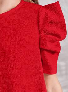 SHEIN Leap Crew Tween Girl Solid Puff Sleeve Tunic Dress - Red - View 3
