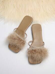 Dép xỏ ngón đính đá lông cho nữ, Dép xỏ ngón đế bằng mới, Giày mùa hè - Màu be - Xem 5