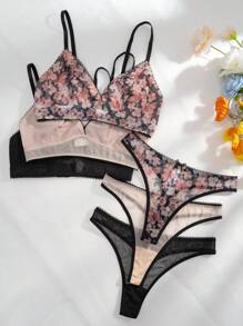 3packs Floral Lace Bra & Panty Lingerie Set - Multicolor - View 5