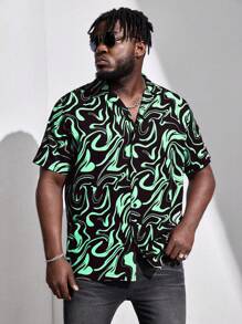 Manfinity VCAY 男士大码滿版印花襯衫 - 綠色 - 查看 1