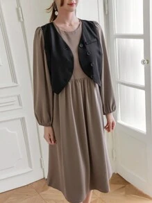 DAZY Lantern Sleeve Tie Back 2 In 1 Dress - Coffee Brown - View 5