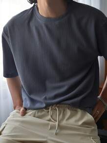 DAZY Men Solid Ribbed Knit Drop Shoulder Tee - Grey - View 2