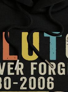 SHEIN EZwear Slogan Graphic Kangaroo Pocket Drawstring Thermal Hoodie - Black - View 4