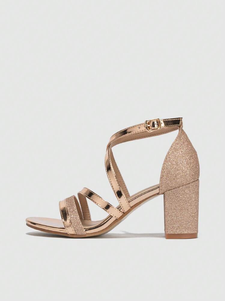 Sandálias de Salto Grosso Fechadas Novas de Verão com Alça, Moda Francesa para Mulheres - Champanhe - Visão 4