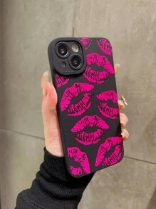 Lip Print Shockproof Silicone Phone Case Compatible With Iphone - Hot Pink - View 3