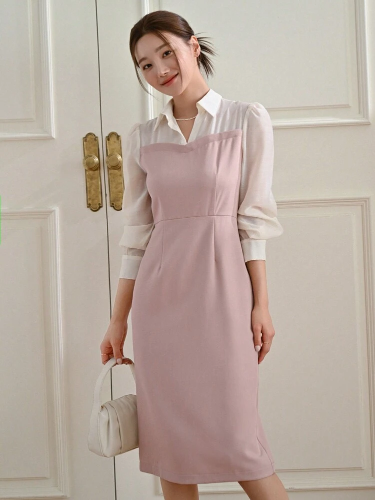 Colorblock 2 In 1 Fitted Dress Shirt Dress,Fall Clothes Long Sleeve Dress