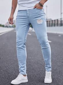 Manfinity Homme Men Light Wash Ripped Skinny Jeans Slim Fit Long Frayed Jean Cargo Plain Blue Office Basic Husband Work Going Out Urban Vacation College