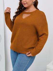 SHEIN LUNE Plus Keyhole Neck Drop Shoulder Sweater - Orange - View 5