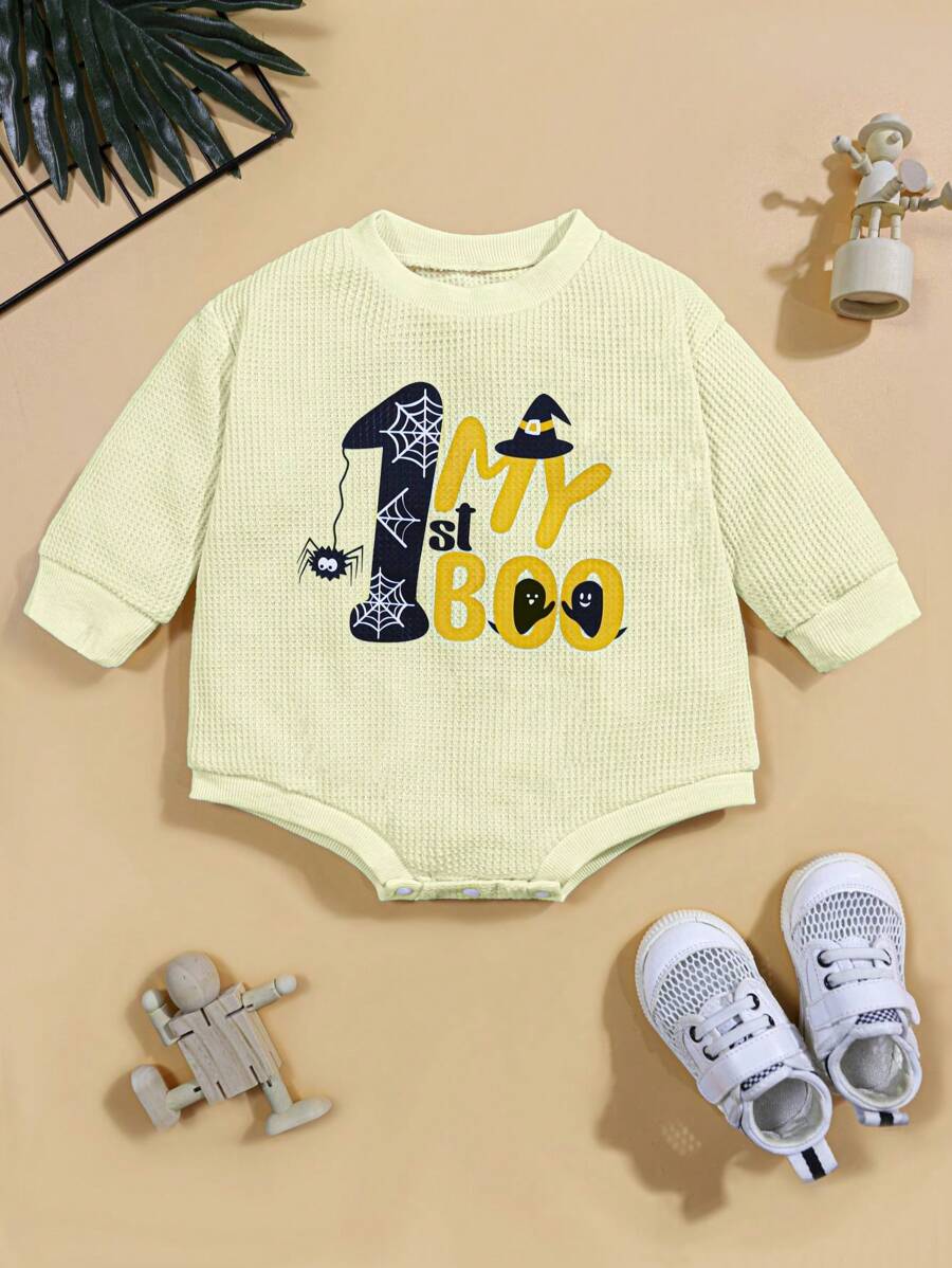Baby Girls Letter Graphic Ribbed Knit Bodysuit - Apricot - View 1