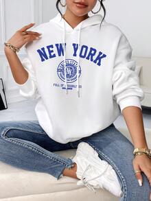 SHEIN EZwear 字母圖案落肩袖連帽衫 - 白色 - 查看 7