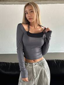 DAZY Scoop Neck Crop Tee - Dark Grey - View 4