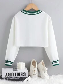 SHEIN 女大童字母圖案條紋飾邊短款運動衫 - 白色 - 查看 2