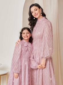 SHEIN Tween Girl Bow Front Lantern Sleeve Fuzzy Dress - Pink - View 7