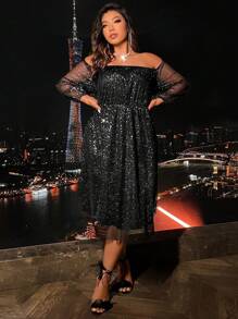 Plus Off Shoulder Lantern Sleeve Sequin Mesh Overlay Dress - Black - View 1