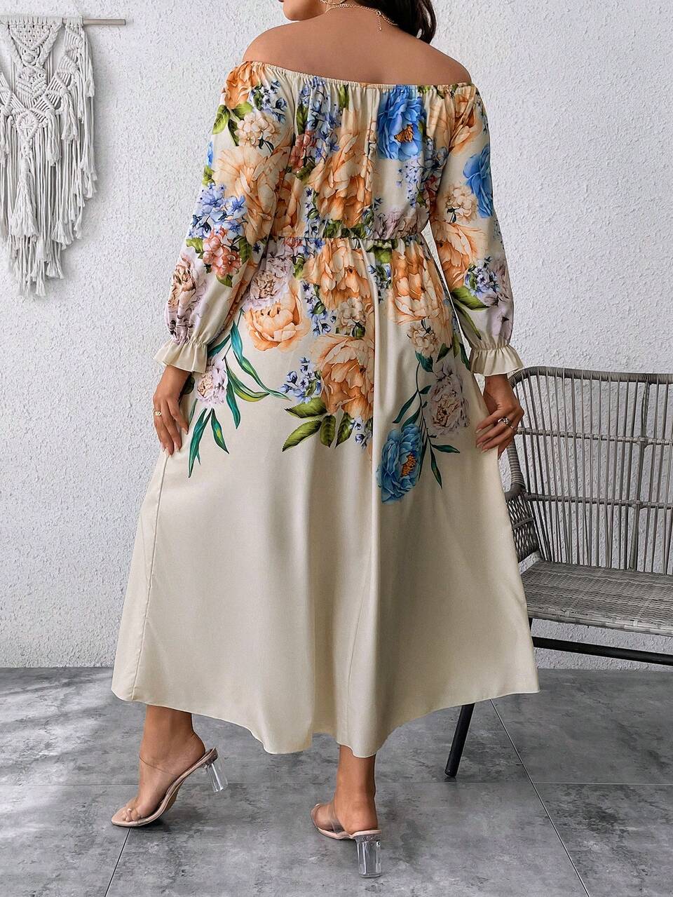 Plus Floral Print Off Shoulder Dress