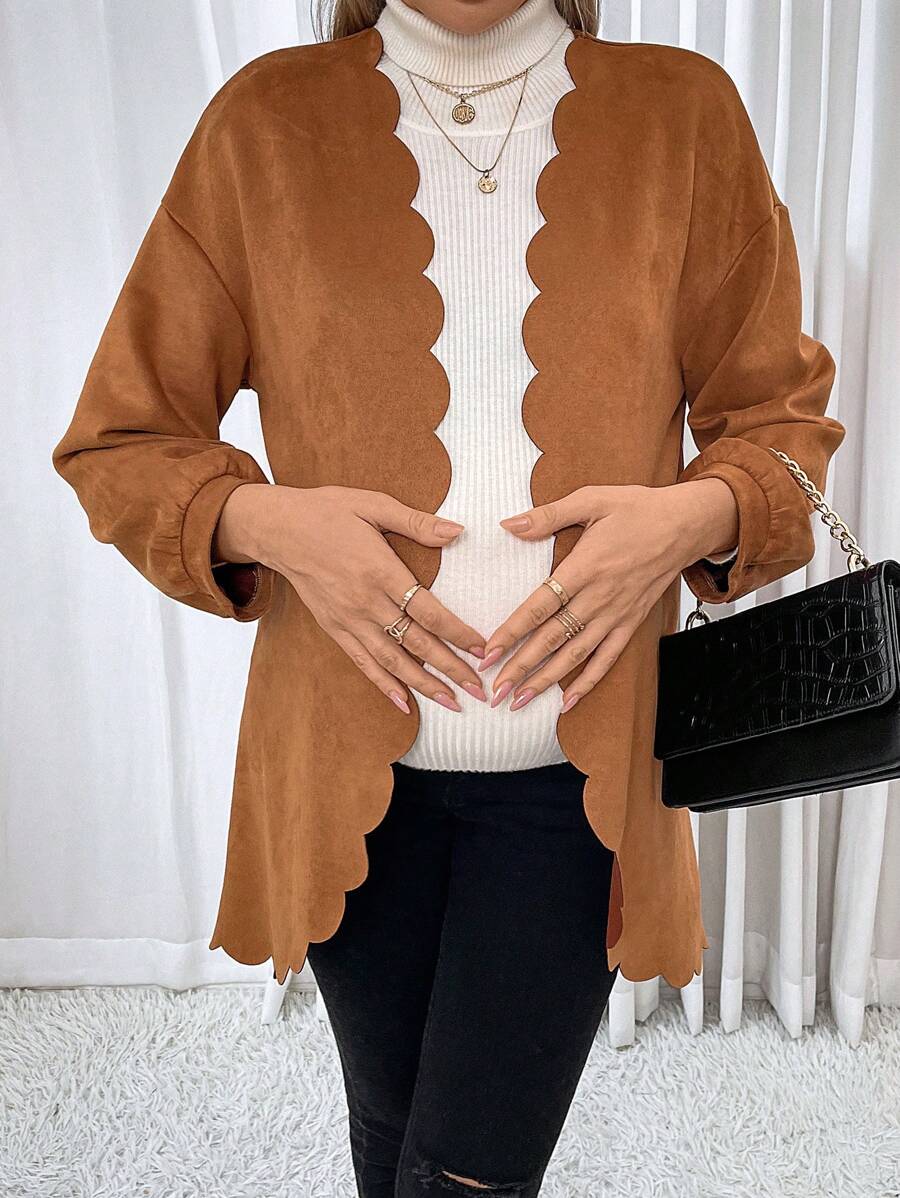 SHEIN Maternity Scallop Trim Open Front Coat - Brown - View 1
