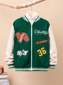 SHEIN Tween Boy Letter Embroidery Varsity Jacket Without Hoodie - Green - View 3