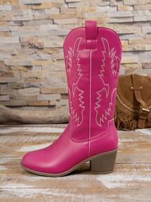 Styleloop 女士時尚粉色派對西靴，含刺繡圖案，秋冬時尚女牛仔靴 - 粉色 - 查看 3