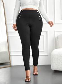 RueChic Plus High Waist Button Detail Skinny Pants - Black - View 4