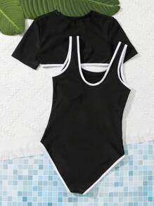 SHEIN 青少年女孩蝴蝶圖案撞色滾邊連體泳衣帶蝴蝶圖案罩衫 - 黑色 - 查看 2