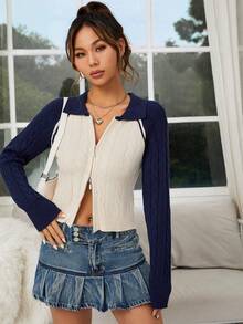 SHEIN EZwear 兩色插肩袖拉鍊絞花針織短款開衫 - 杏色 - 查看 4