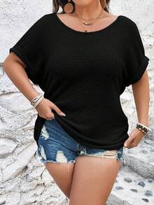 SHEIN VCAY Cộng với áo thun tay cánh dơi hở lưng - màu đen - Xem 2