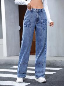 SHEIN Privé 口袋貼花直筒牛仔褲 - 藍色 - 查看 1