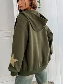 Comfortcana 星星贴片落肩抽绳拉链连帽衫，长袖上衣 - 軍綠色 - 查看 2