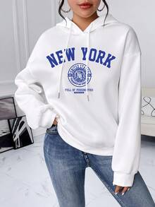 SHEIN EZwear 字母圖案落肩袖連帽衫 - 白色 - 查看 3