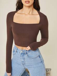 SHEIN BASICS Solid Square Neck Long Sleeve Crop Tee - Chocolate Brown - View 4