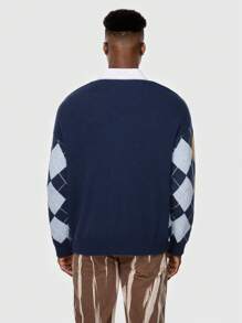 ROMWE MEN Academia Hombres Cárdigan con patrón de rombo de cuello V - Multicolor - Ver 6