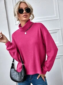 SHEIN LUNE 落肩袖條紋針織T恤 - 玫紅色 - 查看 1