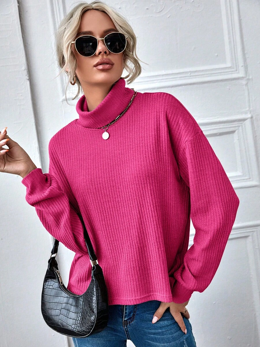 SHEIN LUNE 落肩袖條紋針織T恤 - 玫紅色 - 查看 1