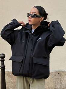 DAZY Letter Graphic Flap Pocket Drop Shoulder Drawstring Hooded Winter Thick Pockets Coat ,Winter Women Clothes,Winter Coat Women Jacket - Black - View 1