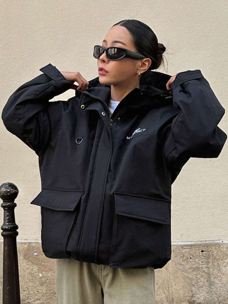 Letter Graphic Flap Pocket Drop Shoulder Drawstring Hooded Winter Thick Pockets Coat ,Winter Women Clothes,Winter Coat Women Jacket
