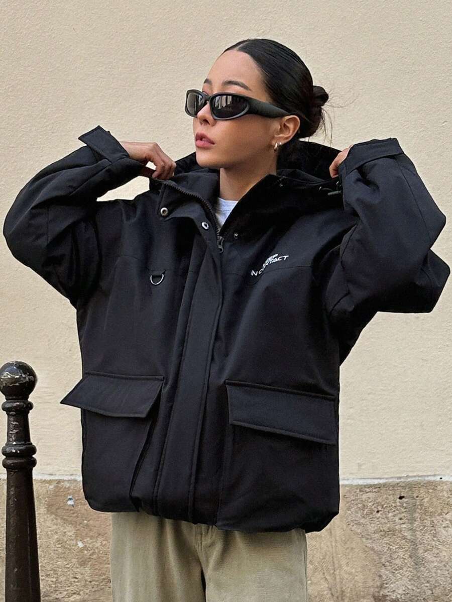 DAZY Letter Graphic Flap Pocket Drop Shoulder Drawstring Hooded Winter Thick Pockets Coat ,Winter Women Clothes,Winter Coat Women Jacket - Black - View 1