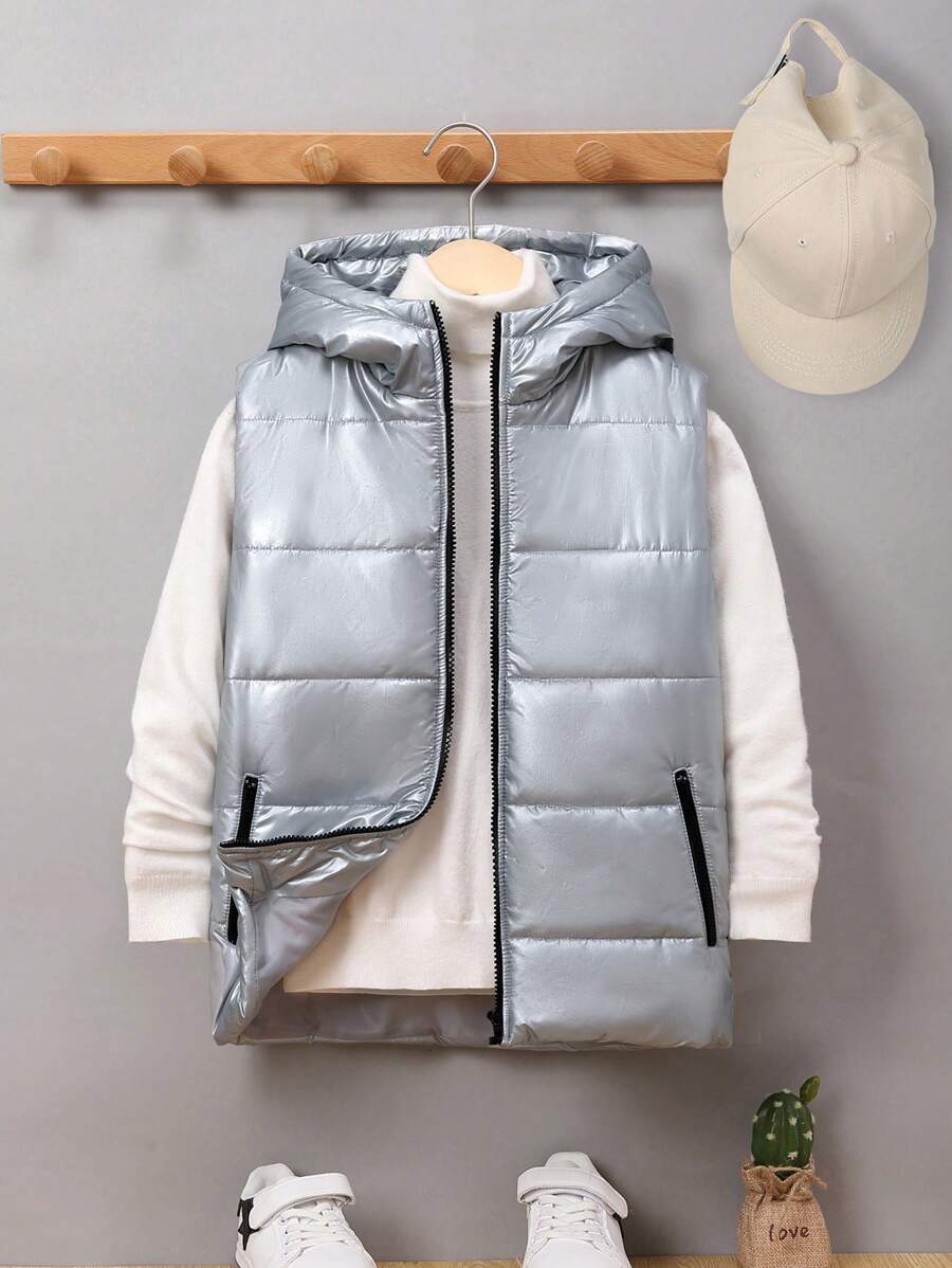 SHEIN Tween Boy 1pc Áo khoác có mũ trùm đầu có khóa kéo - Bạc - Xem 1