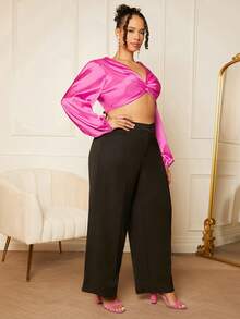 SHEIN SXY Hơn Mặt trước xoắn Tay áo lồng đèn Mùa vụ Xa ten Áo sơ mi - Màu Hồng Tươi - Xem 5