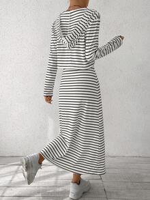 SHEIN EZwear Striped Print Cami Dress & Open Front Jacket - Black and White - View 2