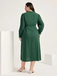 Mulvari Plus Flap Detail Button Front Belted Shirt Dress - Dark Green - View 2