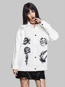 ROMWE PUNK Floral & Skeleton Graphic Ripped Drop Shoulder Denim Jacket - White - View 7