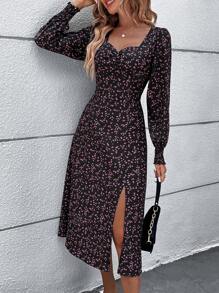 SHEIN Clasi In hoa Ditsy Tách đùi Đầm - màu đen - Xem 5