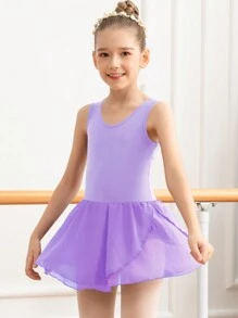少女跳舞芭蕾舞服，蝴蝶空洞無袖雪紡裙跳舞練習/表演用 - 紫色 - 查看 2