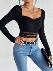 SHEIN Frenchy Sweetheart Neck Lace Trim Textured Fabric Crop Tee Winter Black Casual Spring - Black - View 6