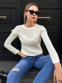 EURMUSE Chất rắn Viền rìa Dệt kim chấm bi Viền rìa Áo len - Màu be - Xem 3