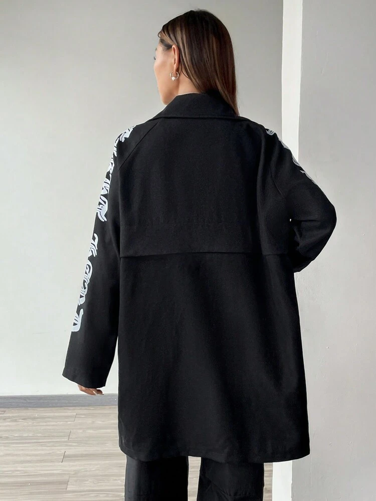 Letter Graphic Flap Pocket Raglan Sleeve Coat Fall Cloth For Women