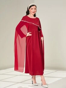 Al Najma Burgundy Red Contrast Mesh Cloak Sleeve Rhinestone Detail Dress Without Belt Kaftan Jalabiya Dress - Burgundy - View 5