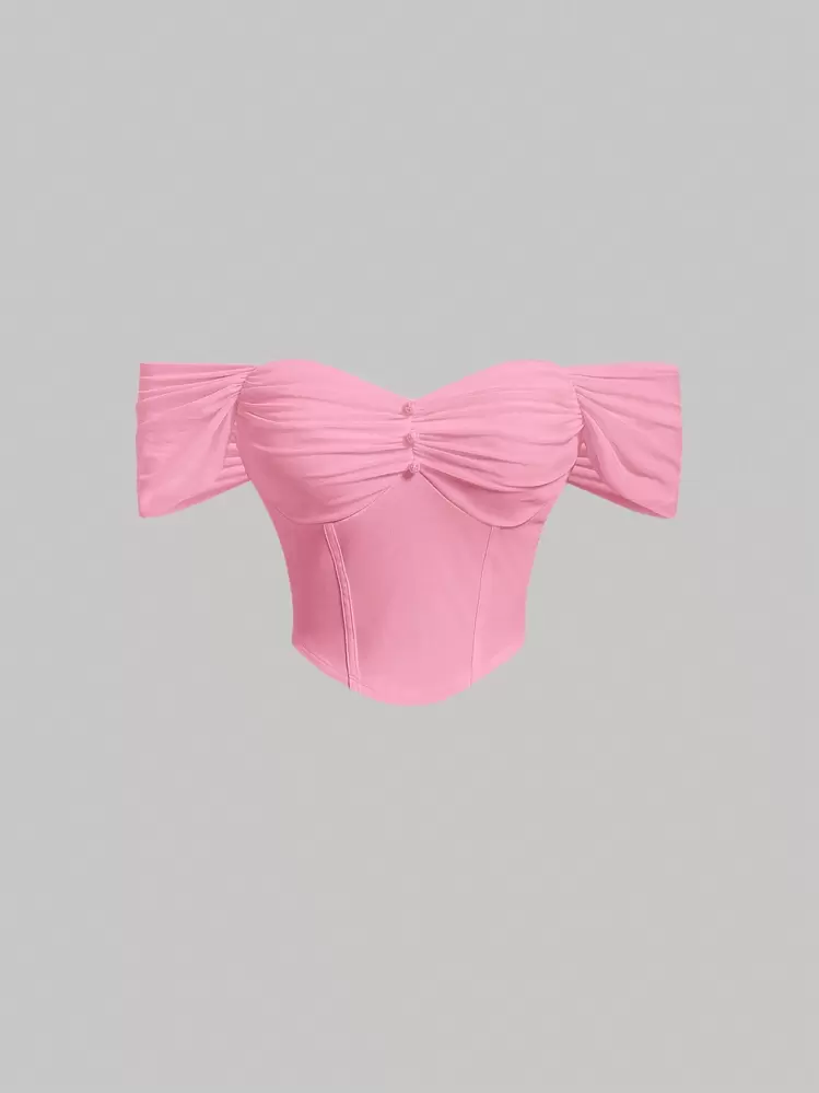 SHEIN MOD כתפיים חשופות כיווצי בד מכפלת מעוגלת חולצה חתוכה - ורוד - ראה 1