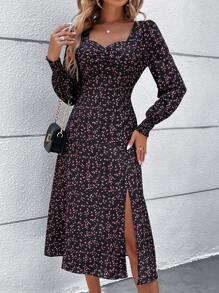 SHEIN Clasi In hoa Ditsy Tách đùi Đầm - màu đen - Xem 1