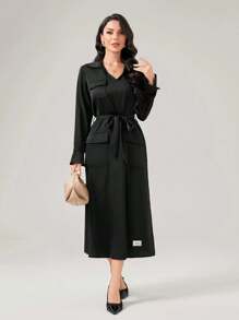 Seusyu Flap Pocket Belted Shirt Dress - Black - View 1